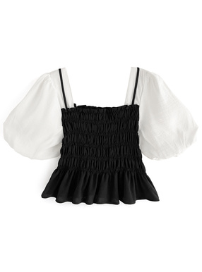 バルーンスリーブシャーリングレイヤード風ブラウス