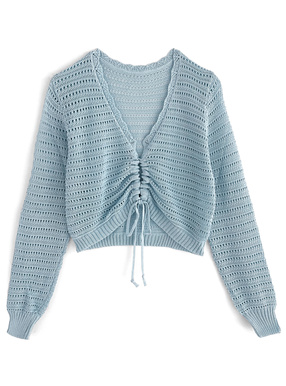 Vネックドロスト透かし編みニットトップス