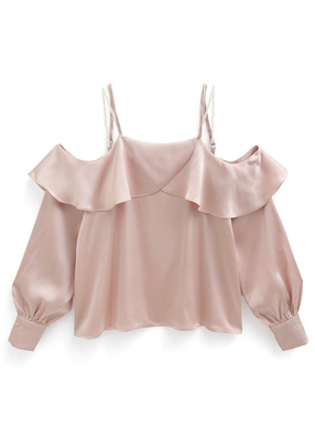 パールストラップ付きオフショルダーフリルブラウス