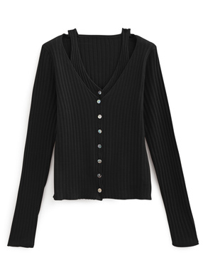 Vネックレイヤード風リブニットトップス