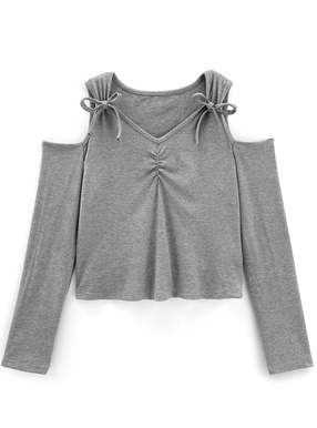 オープンショルダーギャザーリボンリブトップス