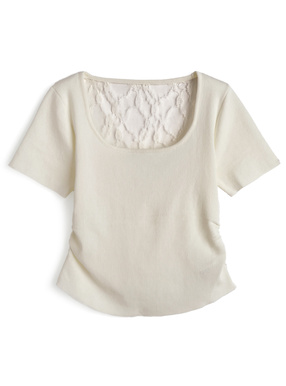 バックレースデザインサイドギャザーニットトップス