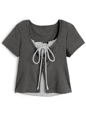 フリルリボンレイヤード風半袖トップス