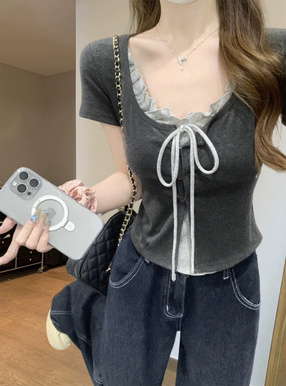 フリルリボンレイヤード風半袖トップス
