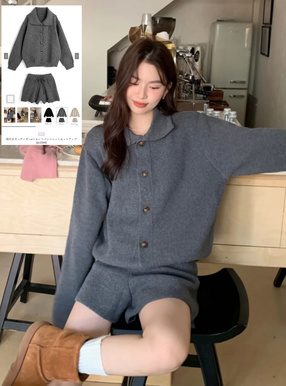 襟付きカーディガン×ショートパンツニットセットアップ
