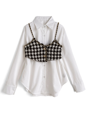 千鳥柄チェーンストラップビスチェ×シャツアンサンブル