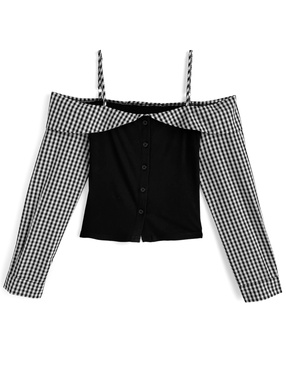 ギンガムチェック柄ドッキングオフショルダートップス