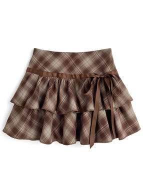 インパン裏地付きチェック柄リボンフリルミニスカート