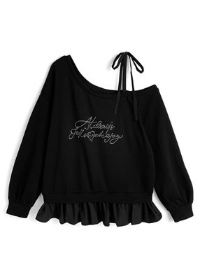 ワンショルダーリボン裾フリルロゴスタッズトップス