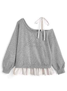 ワンショルダーリボン裾フリルロゴスタッズトップス