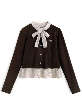 リボン&ブローチ付きドット柄ドッキングカーディガン