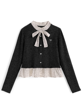 リボン&ブローチ付きドット柄ドッキングカーディガン