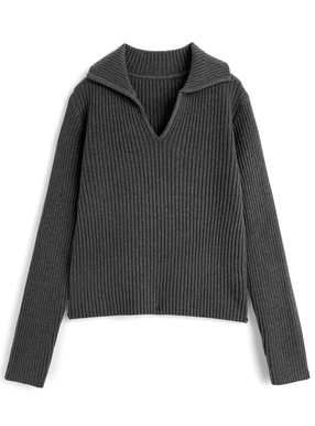 スキッパーカラーリブニットトップス