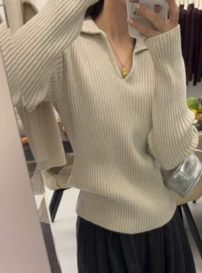 スキッパーカラーリブニットトップス