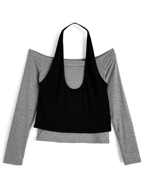 ホルターネックタンクトップ×オフショルダートップスアンサンブル