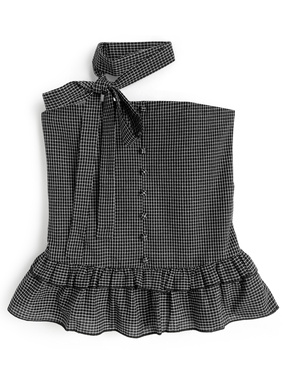 タイ付きチェック柄フリルベアトップ