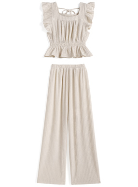 フリルノースリーブトップス×ロングパンツセットアップ