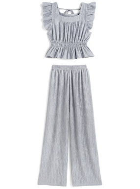 フリルノースリーブトップス×ロングパンツセットアップ