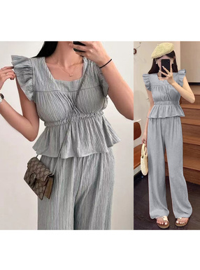 フリルノースリーブトップス×ロングパンツセットアップ