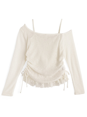 ドロストワンショルダーシアートップス×裾レースキャミソールアンサンブル