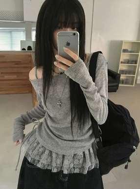 ドロストワンショルダーシアートップス×裾レースキャミソールアンサンブル