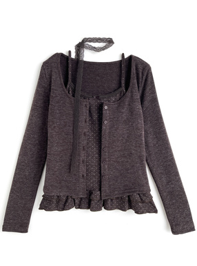 タイ付きドット柄フリルキャミソール×カーディガンアンサンブル