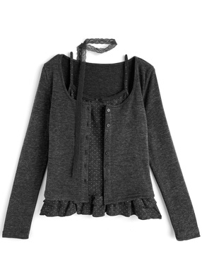 タイ付きドット柄フリルキャミソール×カーディガンアンサンブル