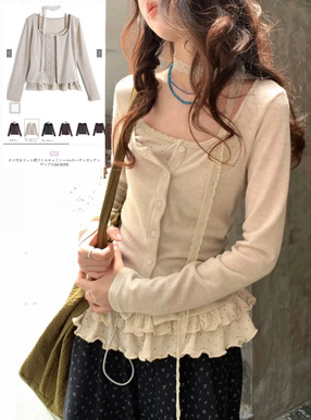 タイ付きドット柄フリルキャミソール×カーディガンアンサンブル