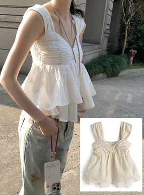 リボンギャザーレースノースリーブブラウス