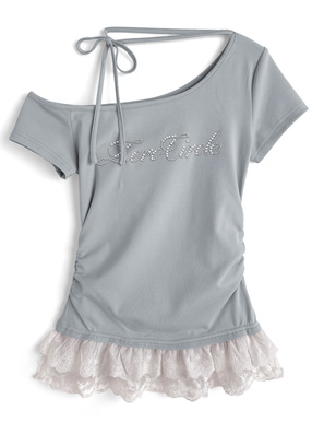 ネックリボンワンショルダースタッズロゴレースドッキングトップス