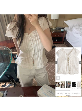 リボンピンタックフレンチスリーブブラウス