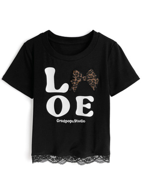 レオパード柄刺繍ロゴプリントレースTシャツ