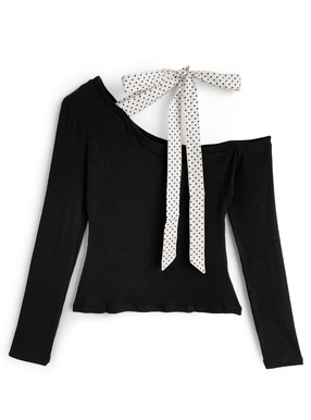 ドット柄ネックリボンワンショルダートップス