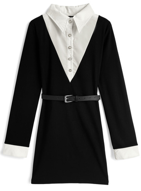 ベルト付きシャツレイヤード風タイトミニワンピース