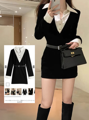 ベルト付きシャツレイヤード風タイトミニワンピース