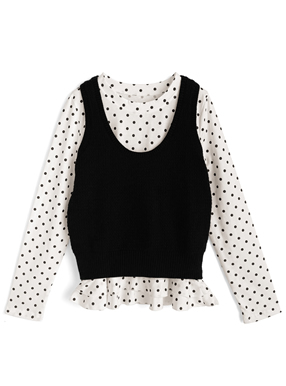 ドット柄フリルトップス×ニットベストアンサンブル