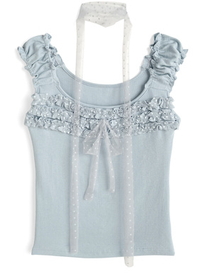 タイ付きドットチュールリボンフリルタンクトップ