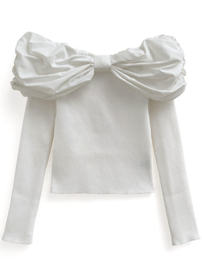 リボンオフショルダーリブニットトップス