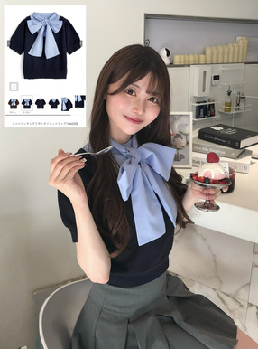 シャツドッキングリボンタイニットトップス