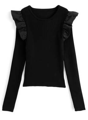 ショルダーフリルリブニットトップス