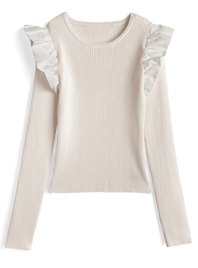 ショルダーフリルリブニットトップス