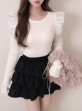 ショルダーフリルリブニットトップス