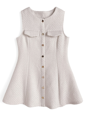 ツイードゴールドボタンノースリーフレアミニワンピース