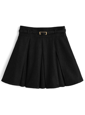 インパン裏地・ベルト付きプリーツミニスカート