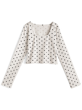 ドット柄スクエアネックショート丈ロンT