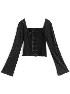 レーススリーブレースアップスクエアネックトップス