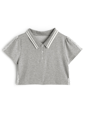 配色ラインレースショート丈ポロスウェットトップス