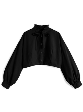 フリルネックリボンブラウス