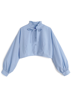 フリルネックリボンブラウス