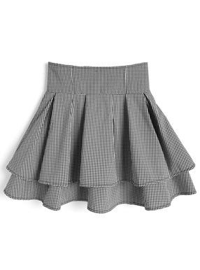 インパン裏地付きギンガムチェック柄ハイウエストダブルフレアスカート